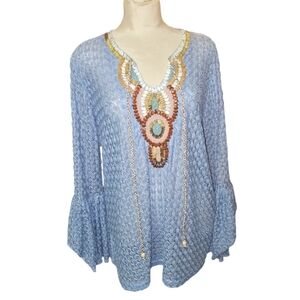 70s style Beaded Celestial Blue Crotchet Top Boho Bohemian